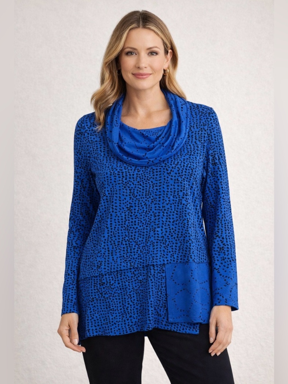 Habitat Travel Midtown Seamed Tunic Top Blue Black Circles Dots Cowl Neck Sz L